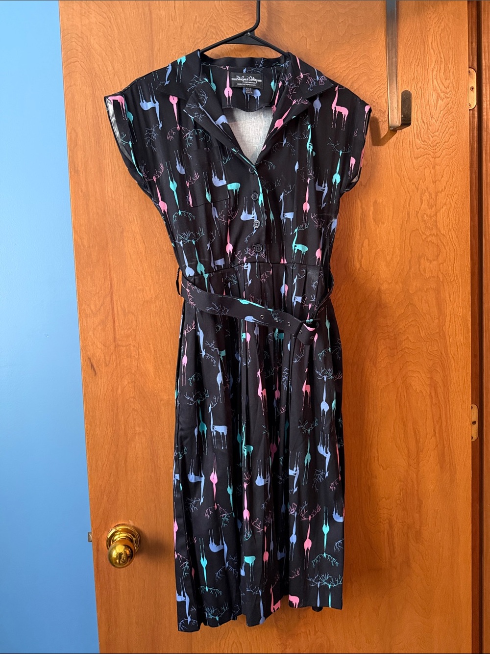 Black Midi Shirt Dress with Pink & Teal Giraffe Print